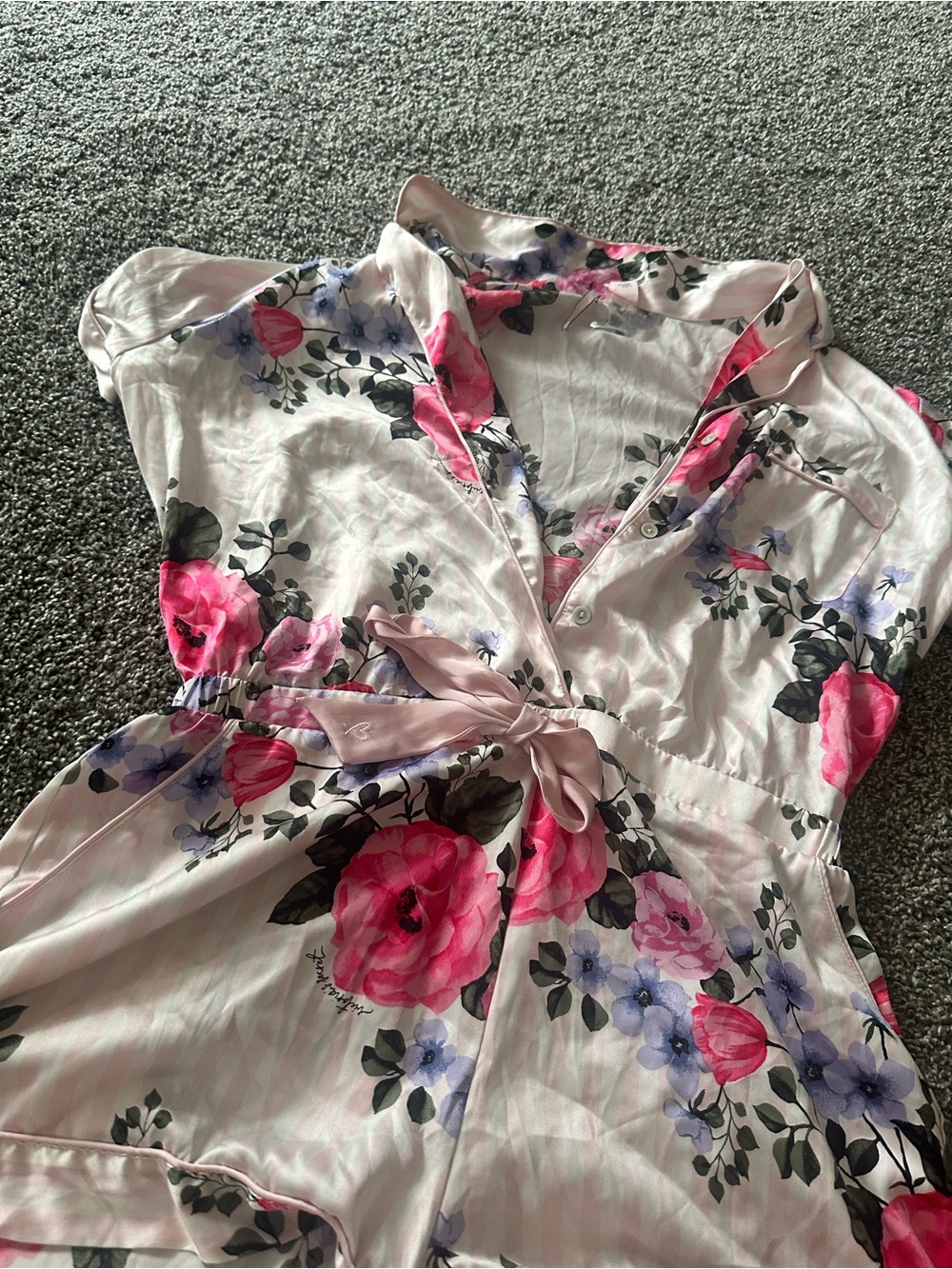 Vintage Victoria’s Secret Pink Floral Satin Romper with Tie Waist